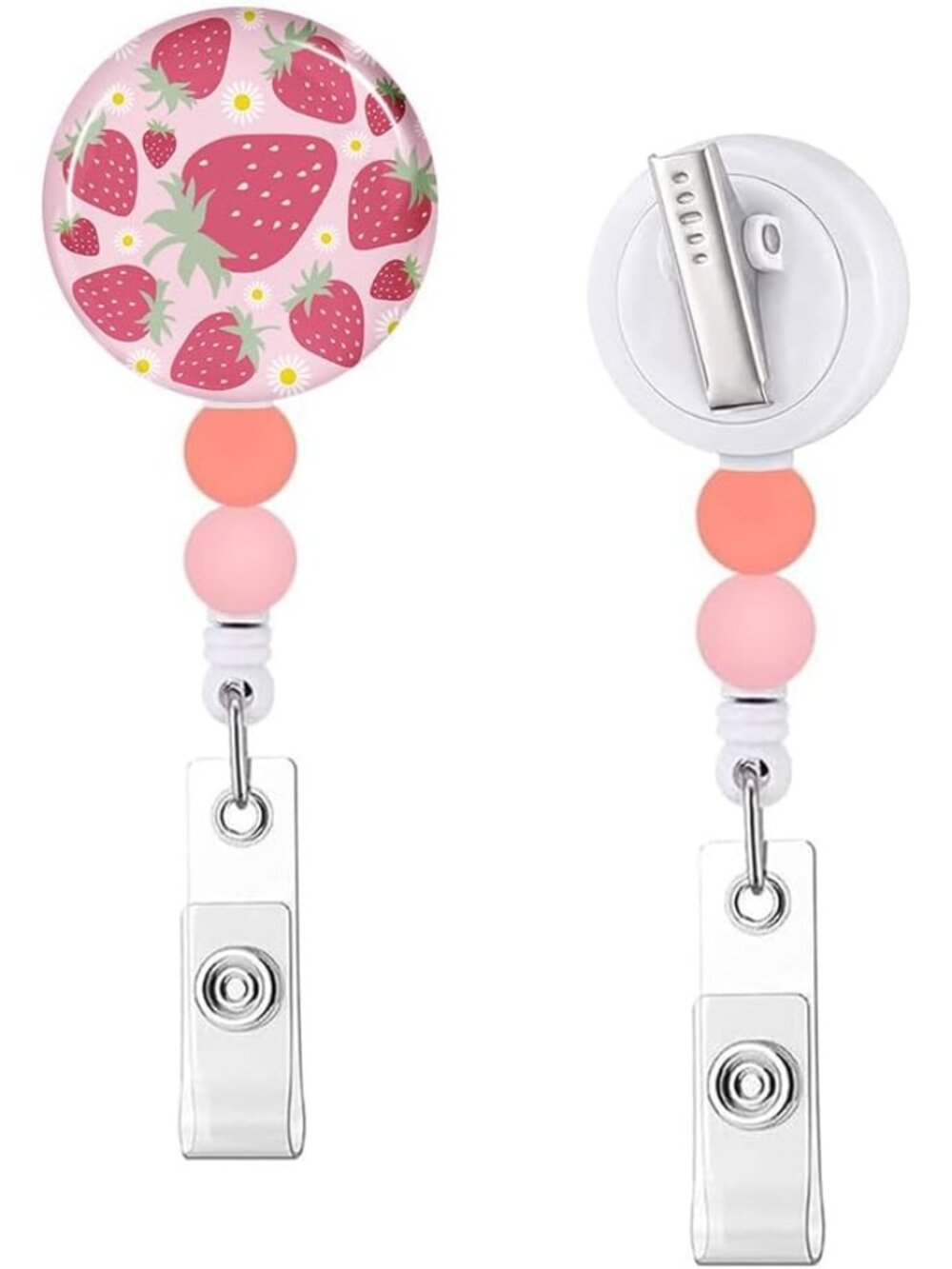 Cute Strawberry Beaded Badge Reel Retractable ID Holder Nurses